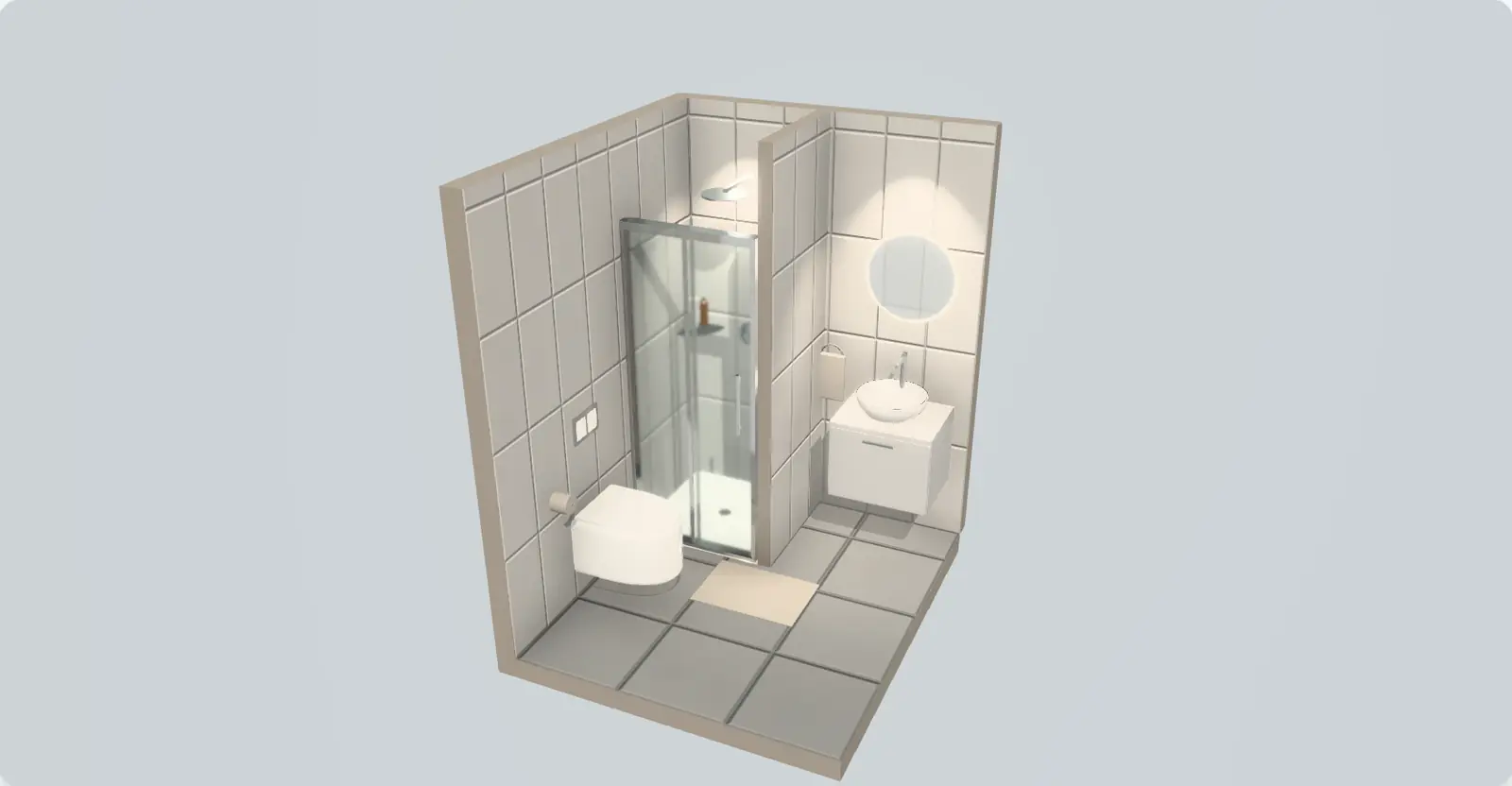 3D banyo tasarım ekranı: duşakabin, lavabo ve ayna